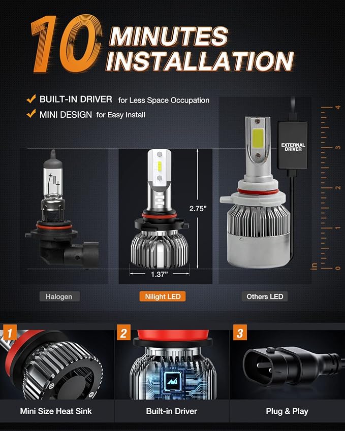 Nilight 9005/HB3 H11/H9/H8 LED Bulbs, High and Low Beam Fog Ligh Bulbs Combo, 6000K Cool White IP67, Plug and Play, 4-Pack