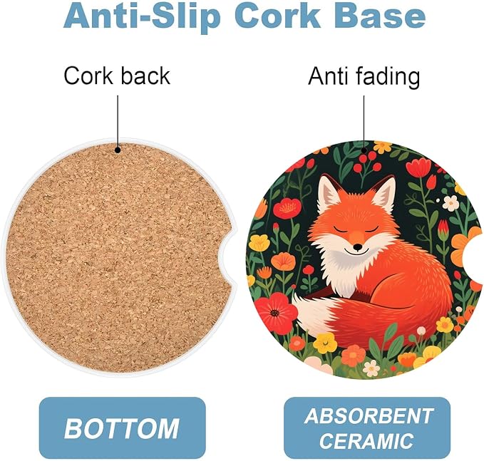 Car Cup Holder Coaster Set of 2, 2.56 in Ceramic Coasters, Scratch-Resistant Cork Backing, Finger Groove Design for Easy Placement, Cute Car Accessories Interior for Women (Red Fox)