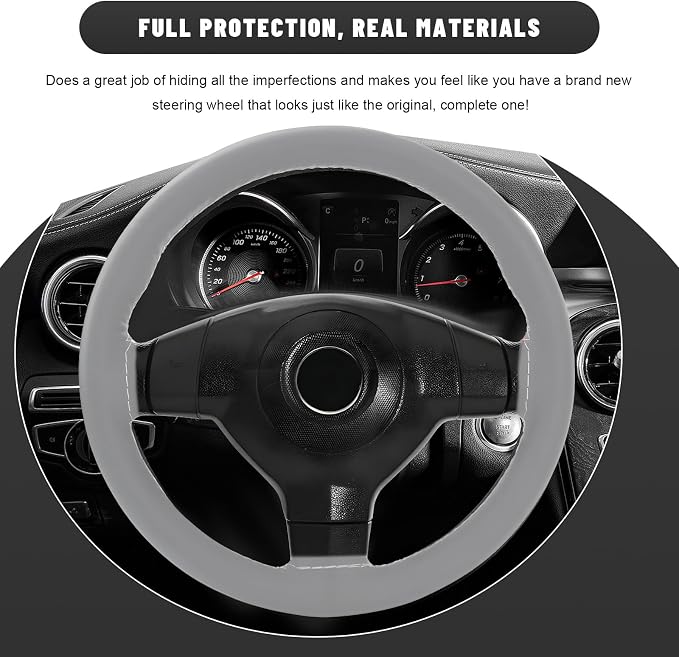 Genuine Leather Steering Wheel Cover, 15 Inch Stitch on Steering Wheel Protector with Needle & Thread, Anti-Slip DIY Sewing Wheels Wrap for Most Vehicles (Gray, Glossy)