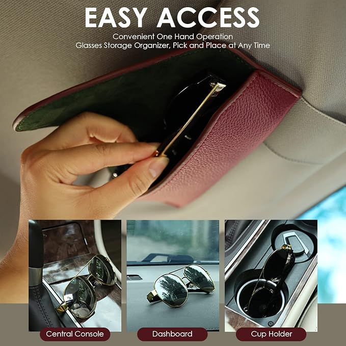 Magnetic Sunglass Holder for Car Visor, Leather Car Glasses Holder | Red Visor Accessories Eyeglasses Holder Glasses Storage Case