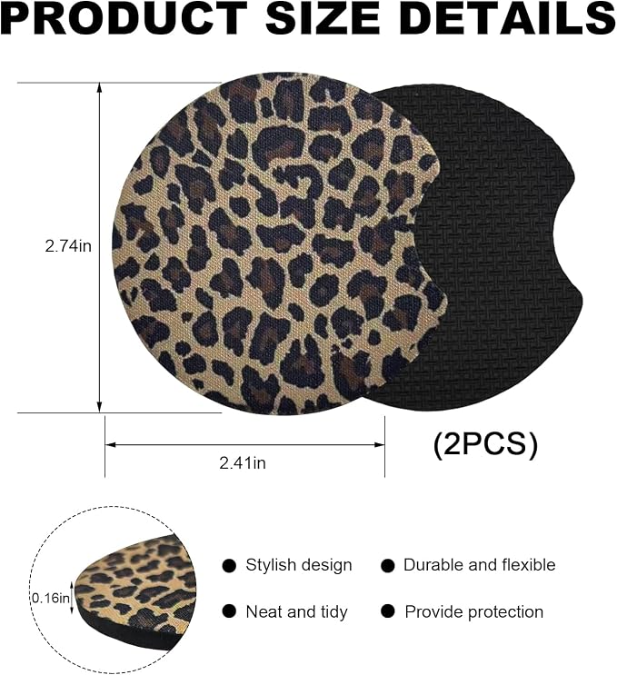 2PCS Car Cup Holder Coasters, Leopard Print Absorbent Rubber Insert Coaster with Finger Notch, Anti-Slip Drink Cup Mat Cute Vehicle Interior Accessories for Women Men (C2)