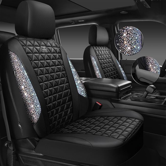 CAR PASS Bling Diamond Leather Car Seat Covers Full Seats Interior Sets, Waterproof Shining Glitter Sparkly Crystal Universal Armrest Automotive Truck SUV Cute Women Girl, Black Multicolor Rhinestone
