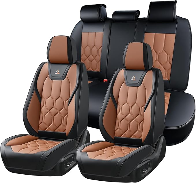Huidasource Car Seat Covers, Universal Fit for Cars SUV Trucks, Black&Brown | Full Coverage Leather Seat Cover, Airbag, Cupholder Compatible, Seat Function Retain, Easy Install with Velcro
