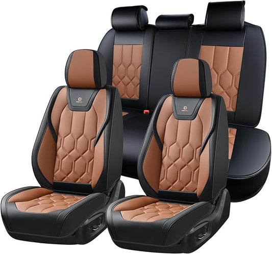 Huidasource Car Seat Covers, Universal Fit for Cars SUV Trucks, Black&Brown | Full Coverage Leather Seat Cover, Airbag, Cupholder Compatible, Seat Function Retain, Easy Install with Velcro
