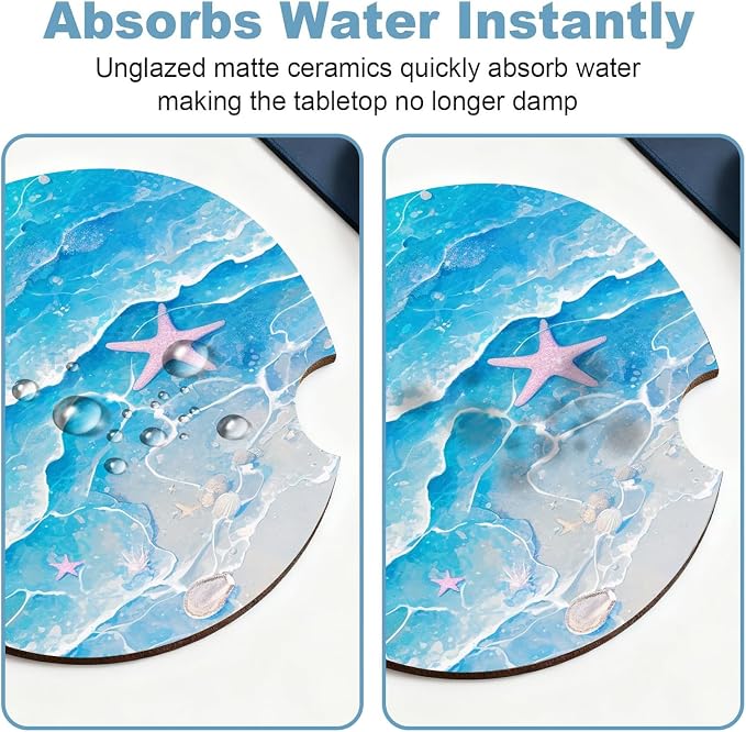 Car Cup Holder Coaster Set of 2, 2.56 in Ceramic Coasters, Scratch-Resistant Cork Backing, Finger Groove Design for Easy Placement, Cute Car Accessories Interior for Women (Blue Starfish)