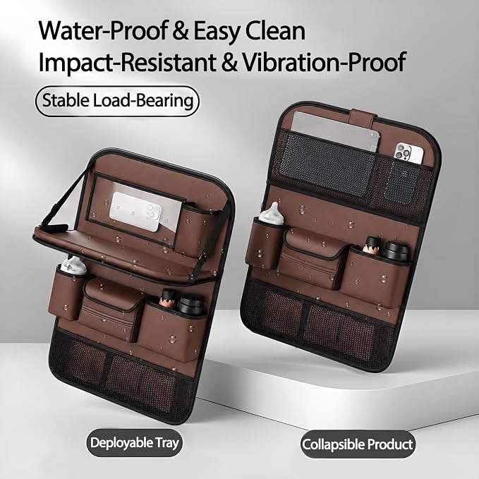 Car Seat Organizers,Multi-functional Back Seat Protectors, Storage Pouches, and Tray Holders (for Cars, Kids, Seat Back and Rear Seats)（Brown1 Pcs）