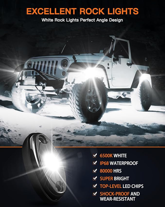 LEDMIRCY R1 Pure White LED Rock Lights Kit with Rocker Switch Wire Harness 12PCS High Power Rock Lights White for Trucks Off Road ATV UTV SUV Underglow Trail Rig Light Under Body Waterproof Light