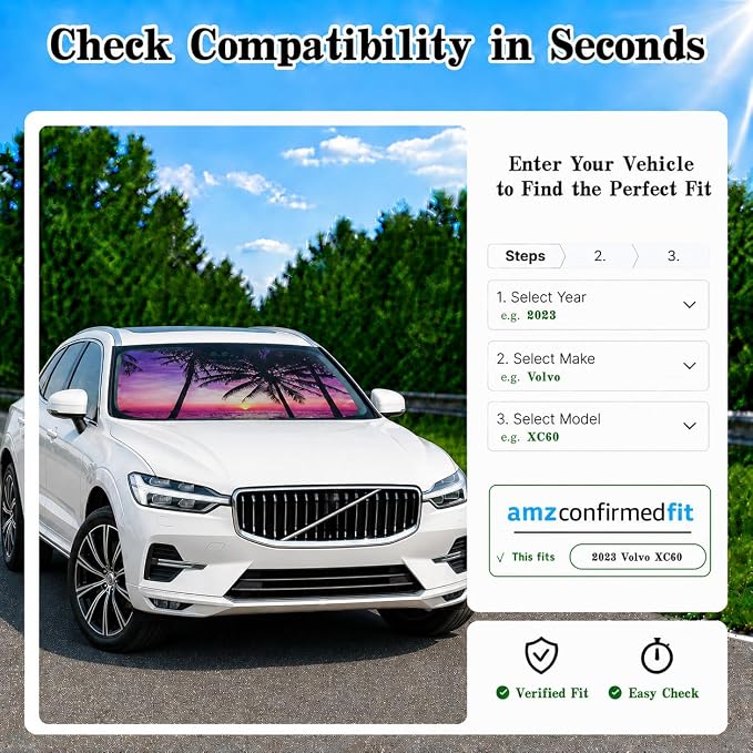 Car Windshield Sun Shade, Universal Fit Midsized Sedan SUV, Vacation Style | 63 x 31.5" Windshield Cover, Foldable Front Window Sunshade, UV Heat Protection