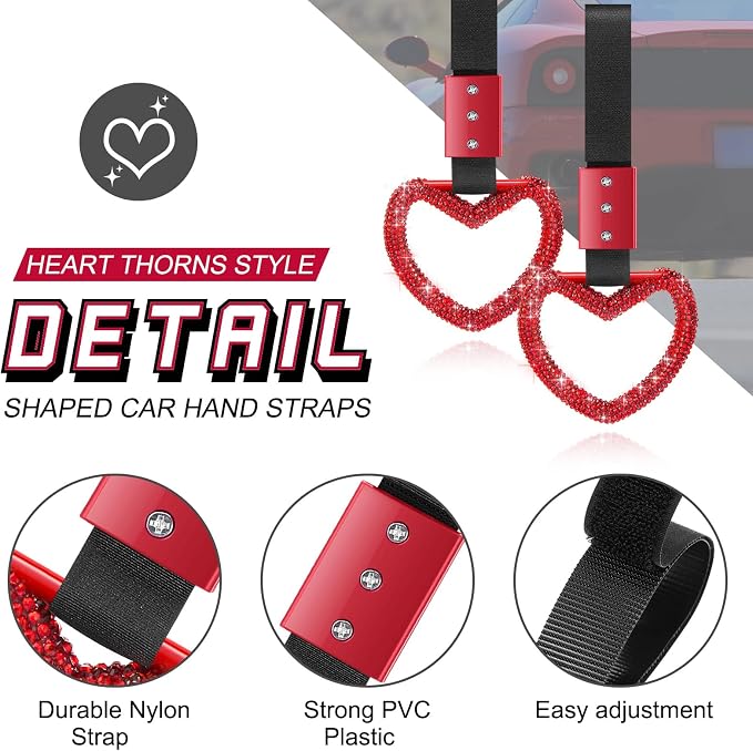 Fabbay Bling Car Accessories Bling Heart Handle Ring Car Accessory for Women Hand Strap Drift Charm Rear Bumper Warning Ring Decor for Auto Bus Interior Exterior Decoration (Red, Heart Style)