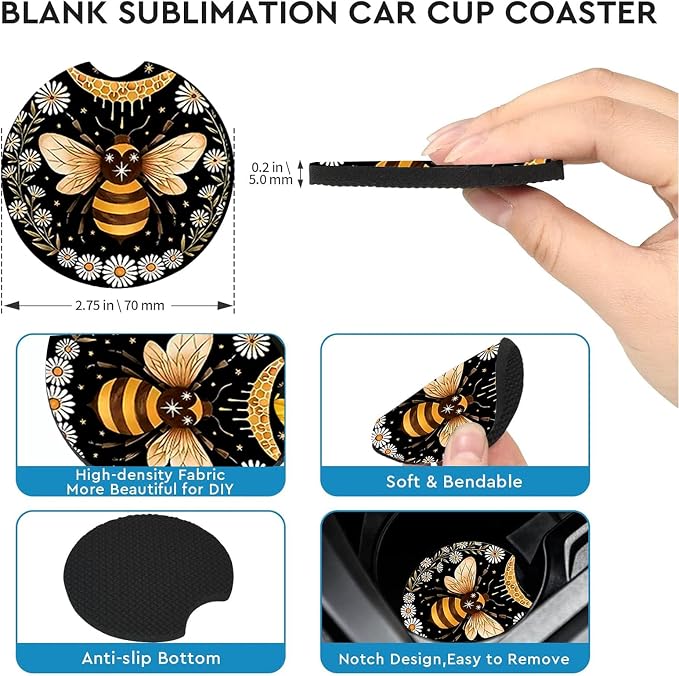 2 Pack Bee Car Cup Holder Coasters Universal Neoprene Coasters | 2.75" Universal Size Anti Slip Rubber Mat, Auto Cup Holder Accessories for SUV Truck, Bee Gifts for Women Men Mom