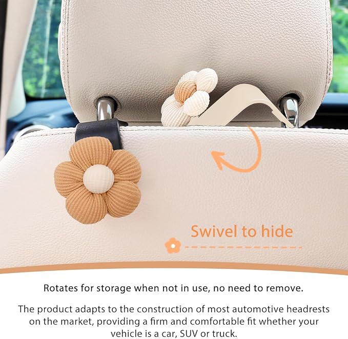 4 PCS Car Seat Headrest Hooks, Cute Flower Car Seat Back Organizer Bag Holder Hooks, Automotive Seat Hook Hanger Storage Organizer for Purse Cloth Grocery Bags, Car Accessories (White)