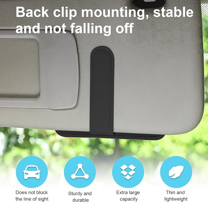 Dickno 2PCS Small Leather Car Sun Visor Organizer, Multifunctional Auto Visor Document Holder with Sunglasses Clip, Universal Car Interior Organizer for Drving License, Card, Pen (Black)