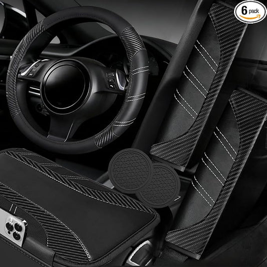 NBTEPEM 6 Pcs Black Car Accessories Set, Sport Leather Steering Wheel Cover 14.5-15inch Universal, Car Center Console Cover, Seat Belt Cushion, Cup Holder Coaster (Black Carbon Fiber)