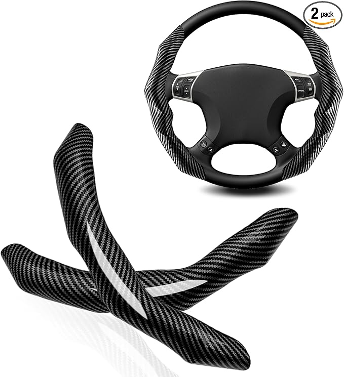 2Pcs Carbon Fiber Steering Wheel Cover, Cool Irregular Shape Grip & Anti-Slip Lining Segmented Design Steering Wheel Protector for Car Interior Accessory, Stylish & Sporty (Black)