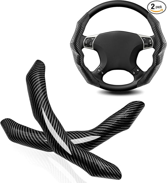 2Pcs Carbon Fiber Steering Wheel Cover, Cool Irregular Shape Grip & Anti-Slip Lining Segmented Design Steering Wheel Protector for Car Interior Accessory, Stylish & Sporty (Black)