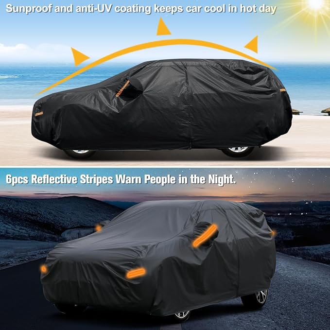 SEAZEN 7 Layers SUV Car Cover Waterproof All Weather, Heavy Duty Car Cover for Automobiles with Zipper Full Exterior Cover Outdoor UV Snow Wind Protection, Universal Full Car Cover 176" to 190"