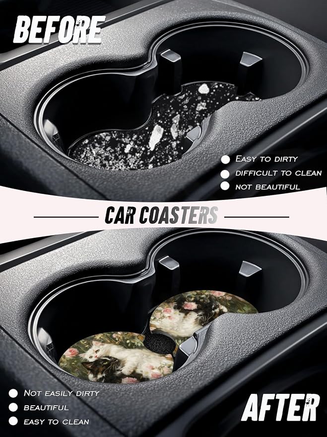 Car Cup Coasters,2 Pack Car Coaster,2.75inch Anti Slip and Absorbent Cars Coasters for Cup Holders,Neopren Accessories for Women,Cute Decor for Women (Hugging Cat)