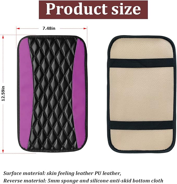 Moly Magnolia Car Center Console Cushion Pad, Universal Leather Waterproof Armrest Seat Box Cover Protector,Comfortable Car Decor Accessories Fit for Most Cars, Vehicles, SUVs (Purple)