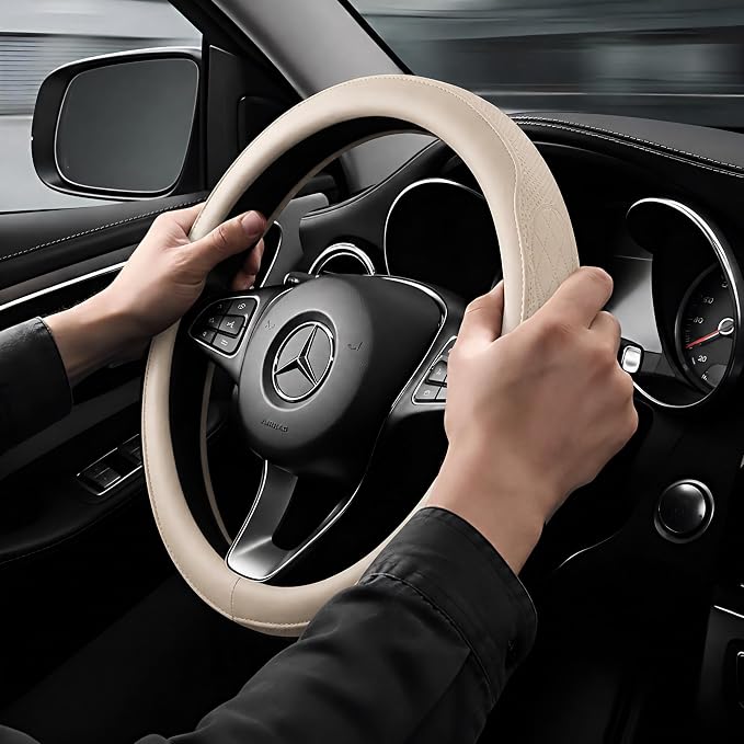 Beige Steering Wheel Cover, Perforated Synthetic Leather Car Steering Cover with Odorless Rubber Inner, Universal Non-Slip Fit for Light Color Interiors (Beige)