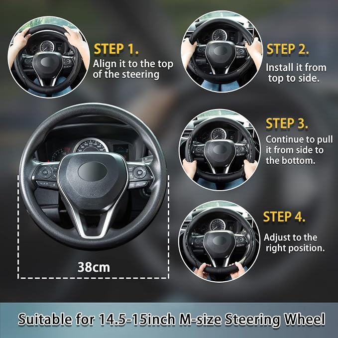 Beige Steering Wheel Cover with Coasters Leather Universal 15 inch | Carbon Fiber Car Steering Wheel Covers Microfiber Breathable Anti-Slip Durable Steering Wheel Accessories Set