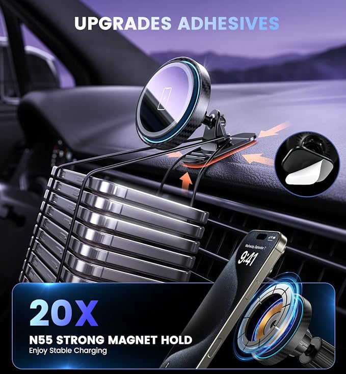 Magnetic Car Charger Mount 15W for iPhone 17-12 Pro Max | N52 Strong Magnets, 360° Rotation, Dashboard & Vent Mount, Compatible with Magnetic Cases, Gift for Men, Black