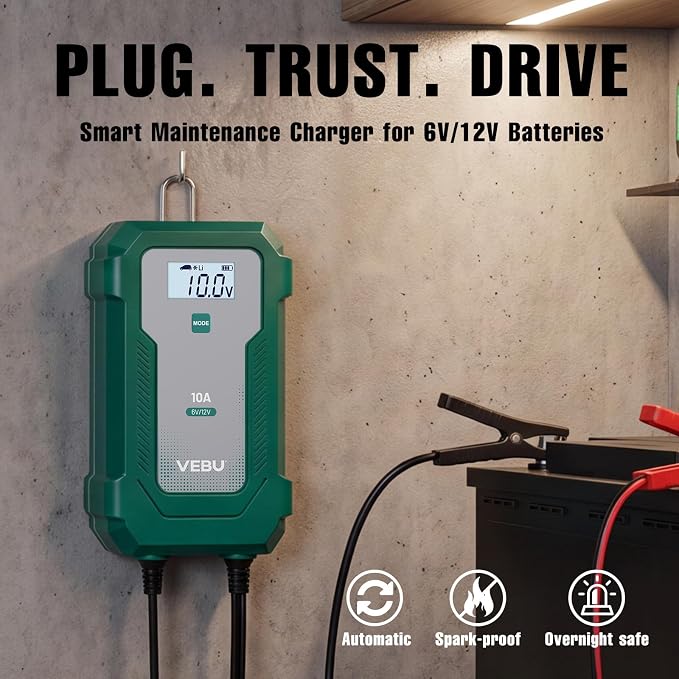 10A 6V/12V Smart Battery Charger- Automatic Maintainer, Trickle Charger & Desulfator with Overcharge Protection, Plug & Play Design for Lead-Acid & LiFePO4 Batteries