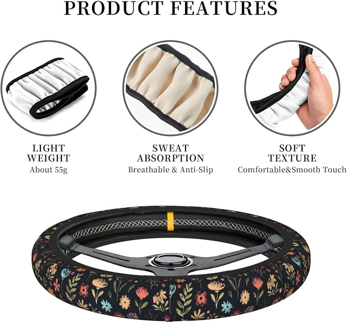 Watercolor Cute Floral Elastic Steering Wheel Cover Non-Slip Breathable Steering Wheel Protector Fit Auto, SUVs, Truck