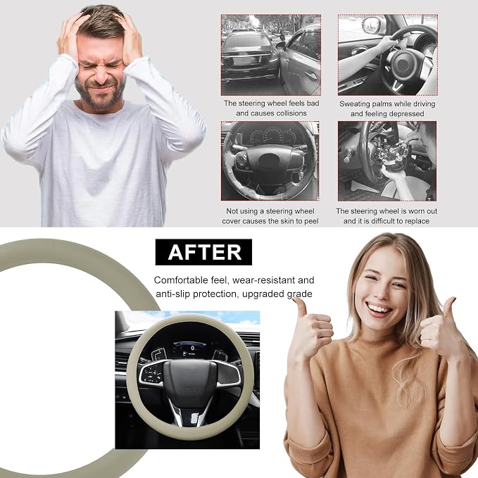 DXNQ Car Steering Wheel Cover, 13 to 14.17 inches Anti-Slip Silicone Steering Wheel Protector, Soft Flexible Shock-Absorbent Steering Wheel Protective Cover for Most Car Models (Beige)