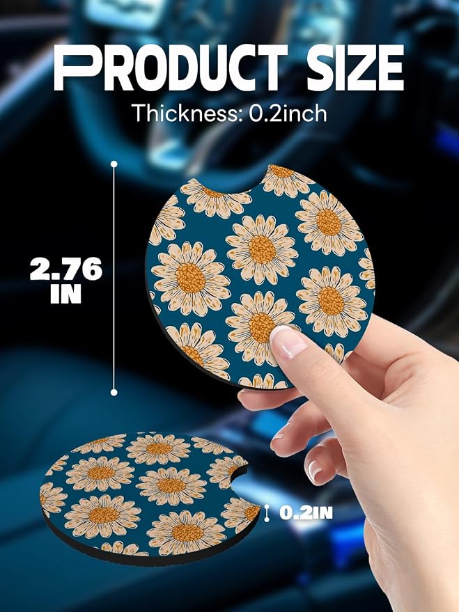 WOCOCN Car Coasters,Cup Holder Coasters for Car,2.75inch Anti Slip and Absorbent,Cute Automotive Interior Accessories for Cup Holder,Pack of 2 (White Daisy)