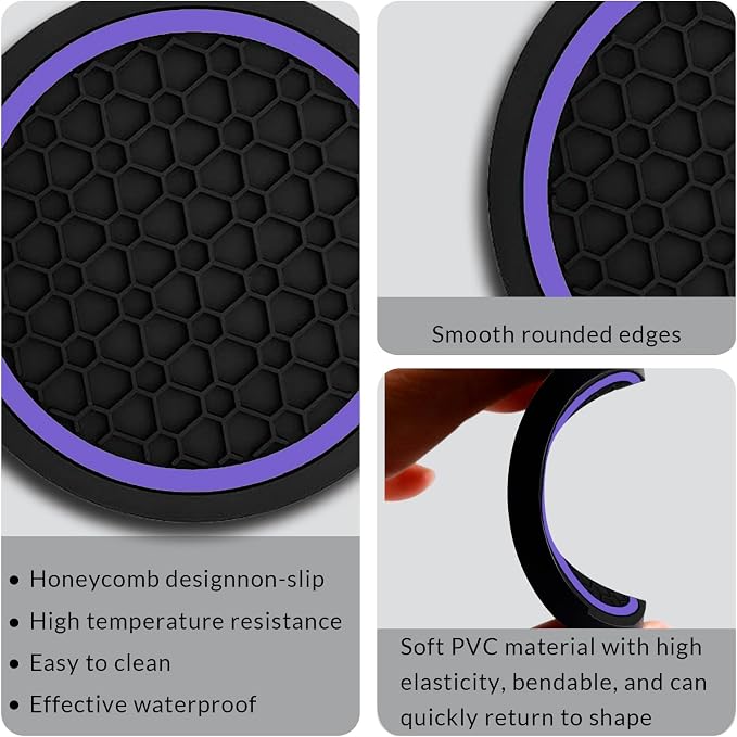 Car Cup Holder Coasters, Dustproof Automotive Interior Accessories Mat,2.75 Inch Non-Slip Insert Water Bottle Holder Pads, Universal for Vehicles, Trucks, RVs and More (Black/Purple, 2PCS)