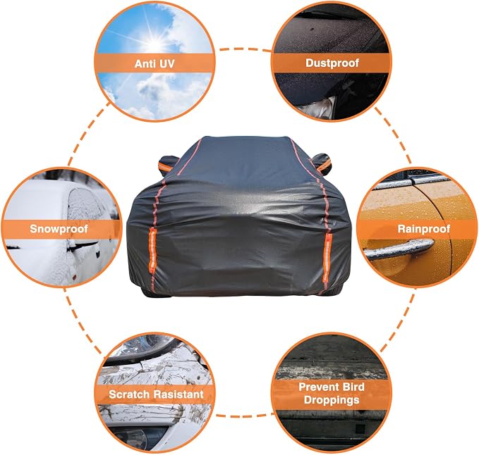 Car Cover Waterproof All Weather, 6 Layers Full Exterior Covers with Zipper Cotton, Mirror Pocket. Outdoor Car Cover UV Snow Rain Wind Dust All Weather Outdoor Protection for SUV (185-190 inch)