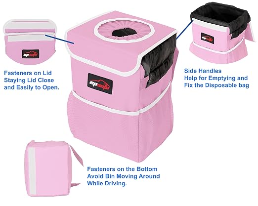 EPAuto Waterproof Car Trash Can with Lid and Pockets, 2.5 Gal, Pink | Leakproof, Collapsible Multipurpose Car Bin with 3 Side Storage Pockets, Adjustable Straps