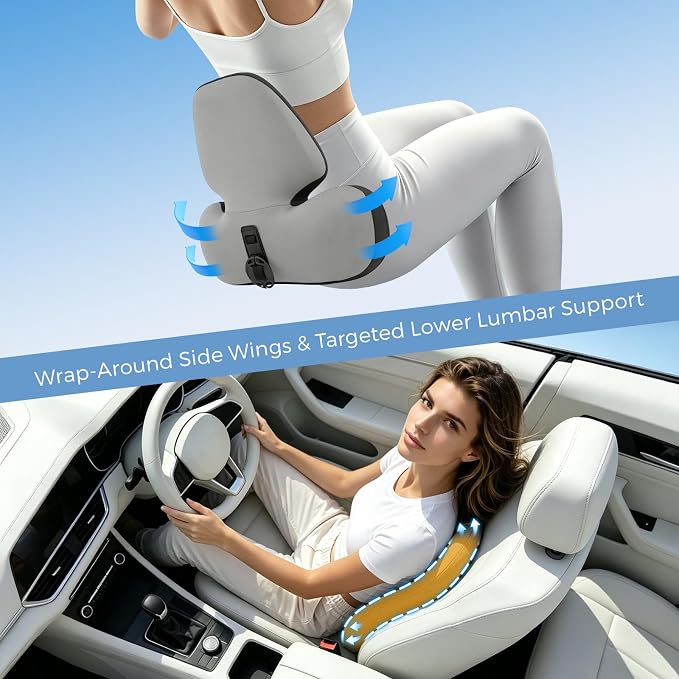 BEBAS Lumbar Support Pillow for Car, Memory Foam Back Cushion for Driving | Ergonomic Wing Wrapping, Back Pain Relief, Breathable Removable Cover, Softness, Universal Fit Car Seat, Office Chair