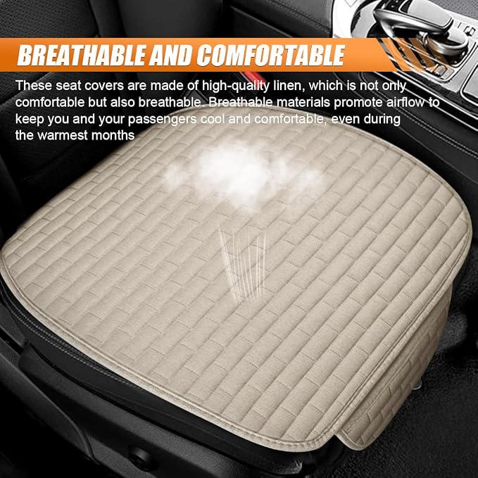 Car Front Seat Cover, Breathable Linen Auto Seat Cushion (BeigeS) | Anti-Slip Vehicle Seat Pad with Storage Pocket, Universal Automotive Seats Protection Mat for Car, SUV, Truck