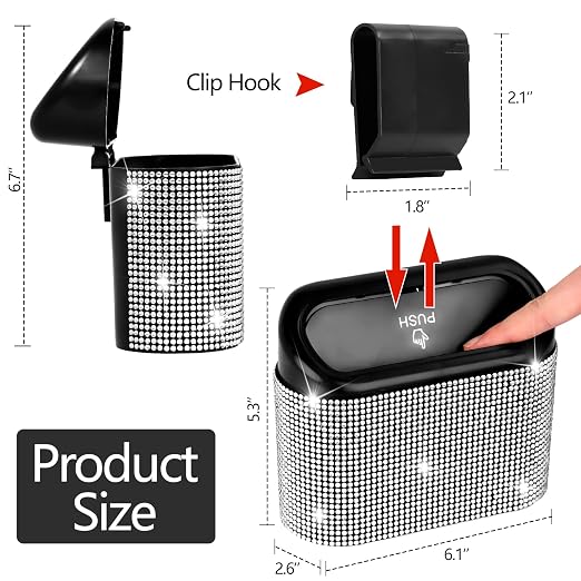 NBTEPEM Bling Car Trash Can with Lid, Mini Auto Garbage Can with 30 Trash Bags, Leakproof Automotive Garbage Container Bin, Bling Car Accessories Trash Can for Women (Silver Diamond)