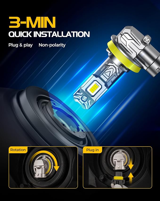 H11 Light Bulbs, 8X Ultra Brightness H8 H9 H16 Lights, 6500K Cool White Bulbs, Real 1:1 Mini Size Plug and Play, IP68 Waterproof, Pack of 2