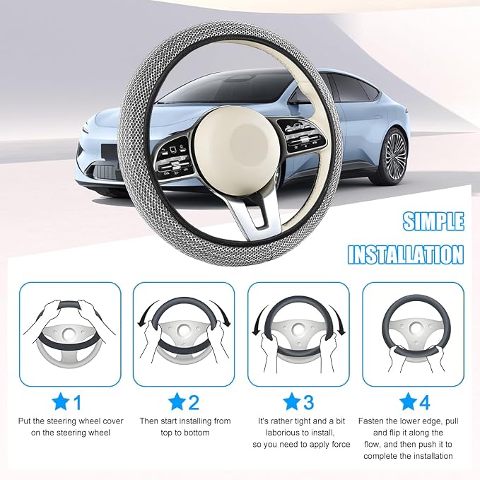 Elastic Stretch Car Steering Wheel Cover, Soft Breathable Ice Silk Steering Wheel Protector, Anti-Slip Automotive Interior Accessories, Universal for Sedan, Truck, Van (Silver Tone)