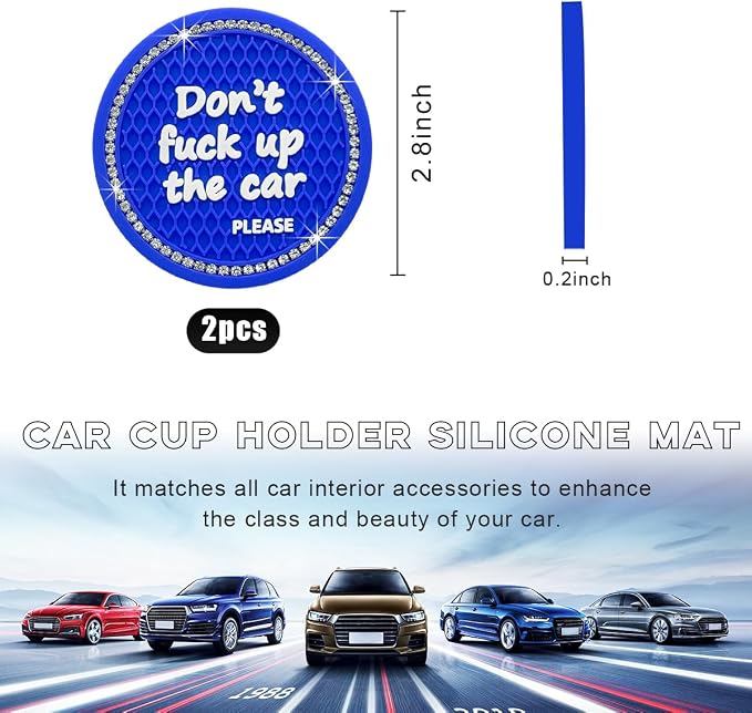 Ohleats 2 PCS Bling Car Cup Coaster, 2.75 Inch Non-Slip Don't Fuck Up My Car Please Cup Holder Insert Coaster, Crystal Rhinestone Auto Drink Cup Mat, Universal Car Accessories (Blue)