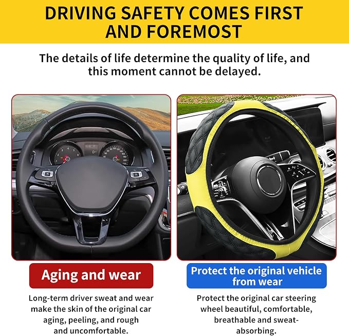 15 Inch Leather Steering Wheel Cover, Automotive Accessories Breathable Anti-Slip Elastic Soft Wheel Protector, Fit for Most SUVs Trucks and RVs (Yellow)