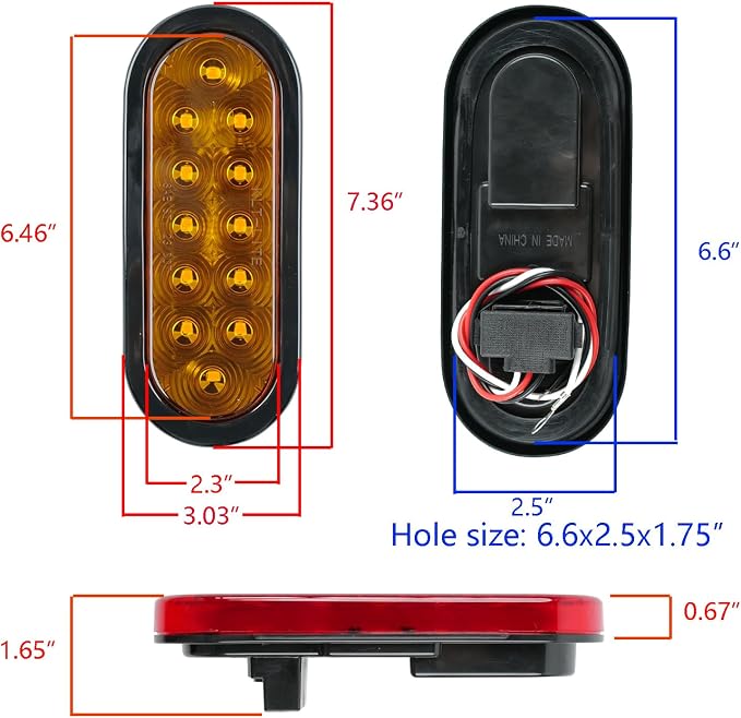fouwick 2PCS 6 Inch Oval Red LED Trailer Tail Lights, IP65 Waterproof Surface Mount Stop Brake Turn Signal Lights for Truck RV Boat Marine Camper, DOT Compliant Rear Amber Trailer Lights