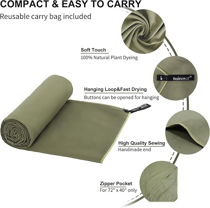 Rainleaf Microfiber Towel Quick Dry Camping & Travel & Gym Towel. Compact | Super Absorbent, Lightweight, Fast Drying. Suitable for Beach, Bath, Backpacking, Hiking, Swim.