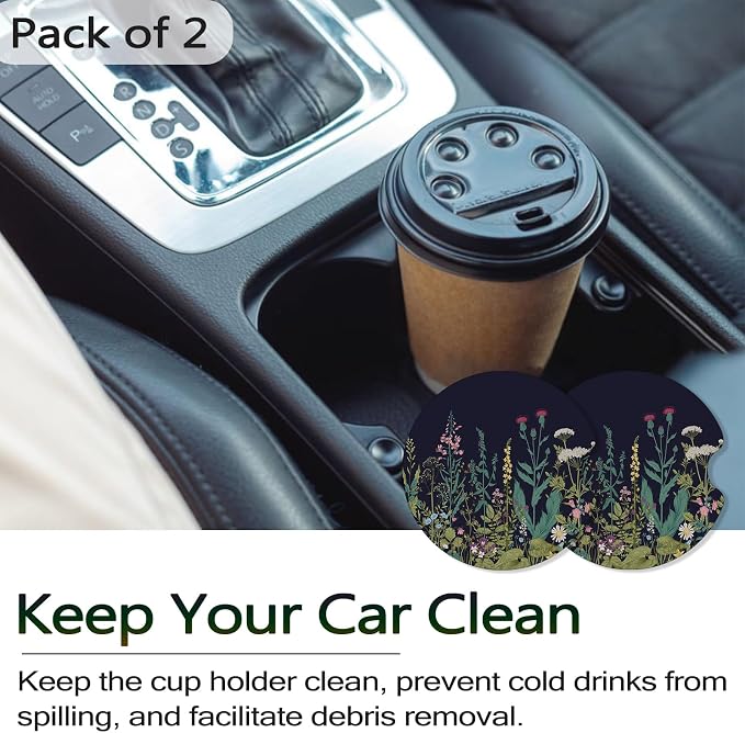Car Coasters for Cup Holders - Dandelion Vintage Flowers | 2 Pack Anti Slip Universal Rubber Car Cup Coaster for Women Men, Car Interior Accessories