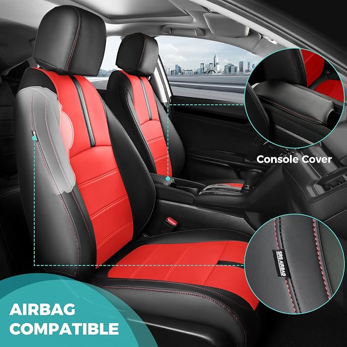 Seat Covers for Honda Civic Sedan LX 2016 2017 2018 2019 2020 2021, Faux Leather Car Seats Cover Full Set Waterproof, Black Red (Solid Rear Seatback - No Rear Armrest)
