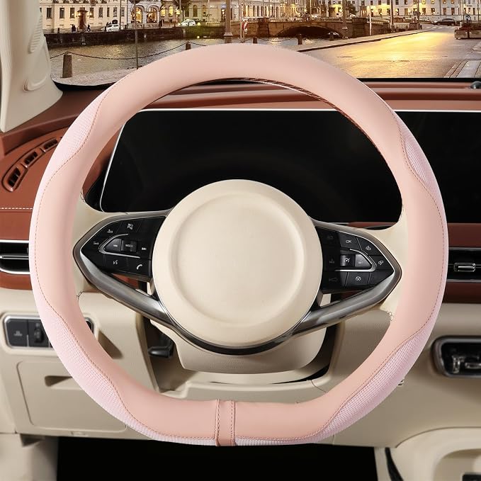 Nappa Leather Pink D Shaped Steering Wheel Cover Women 14 inch | Non-Slip Breathable Ice Silk Fabric, Warm in Winter and Cool in Summer, Small 13.5 inch to 14 inch for Prius Civic