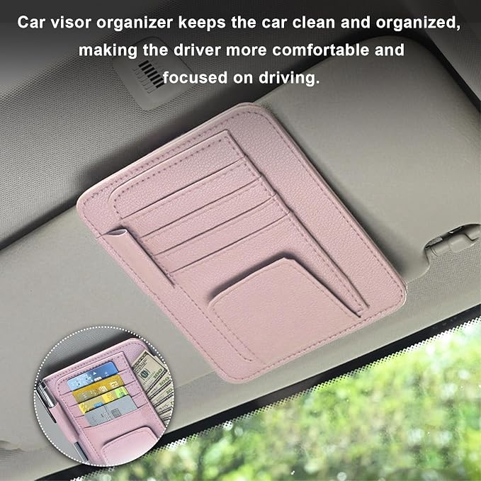 Dickno Small Leather Car Sun Visor Organizer, Multifunctional Auto Visor Document Holder with Sunglasses Clip, Universal Car Interior Organizer for Drving License, Card, Pen (Pink)