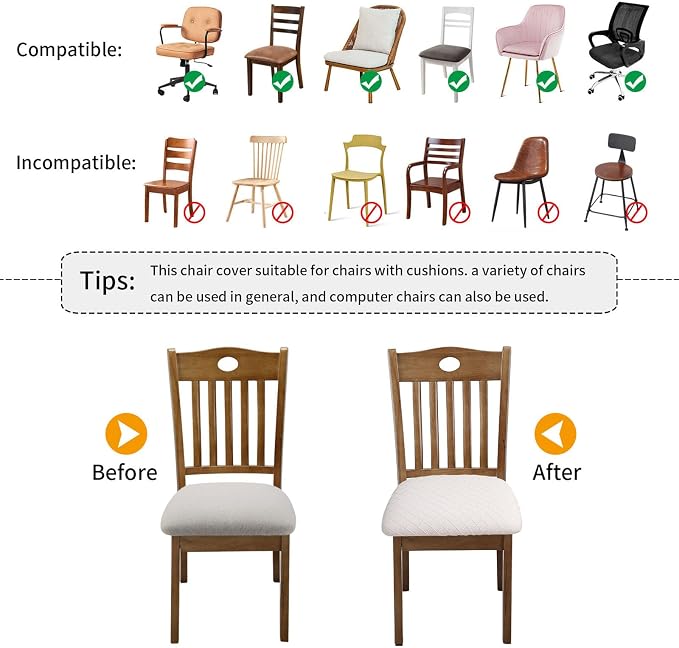 Fuloon Stretch Chair Seat Covers 6 PCS, Removable Washable Dining Chair Covers Anti-Dust Dining Room Seat Cushion Slipcovers (6, Pale Beige)