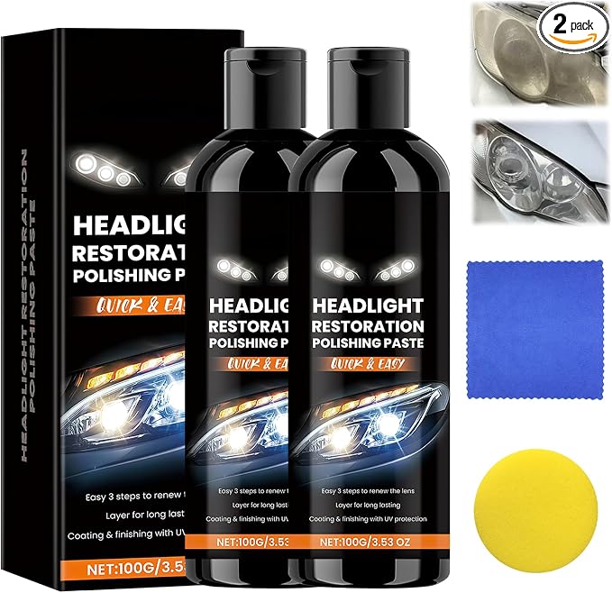 2PCS Car Headlights Restoration Kit,Headlight Stain Remover Polishing Paste,Repair with Scratch Removal,Professional Headlight Polish Cleaner for Lights Long-Lasting Clarity