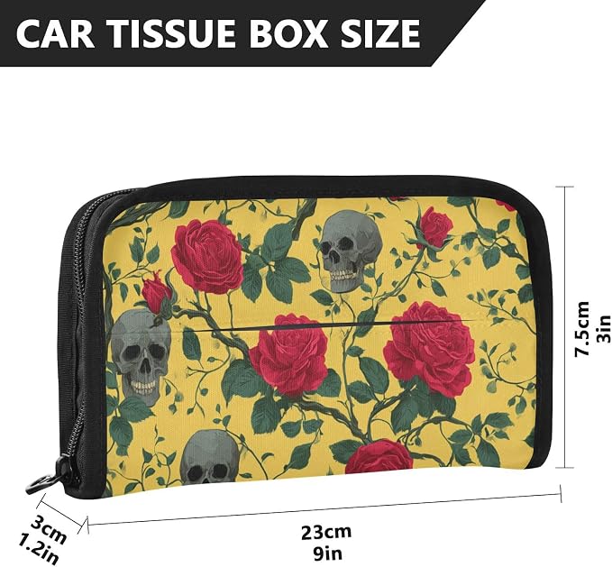 Car Tissue Holder Car Napkin Holder Tissue Box Dispenser Storage Case Sun Visor Mask Holder Accessories with Adjustable Straps Reusable Refillable Yellow Gothic Rose and Skull
