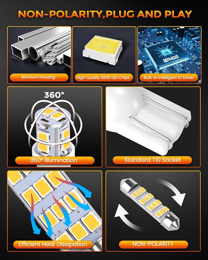 BANGO 24 Pieces Car LED Interior Light Bulbs, Non-Polarity Design with Removal Tool, Suitable for Car Dome Map Door Trunk License Plate Lights, Etc. (Warm White)