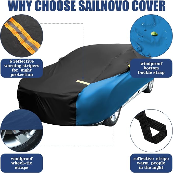 Riakrum Full Car Cover Waterproof All Weather for Automobiles Windproof Cover Rain UV Protection Sun Scratch Resistant Outdoor Universal(Fit Sedan Length/Small SUV (185-193") 59'' H,Black, Blue)